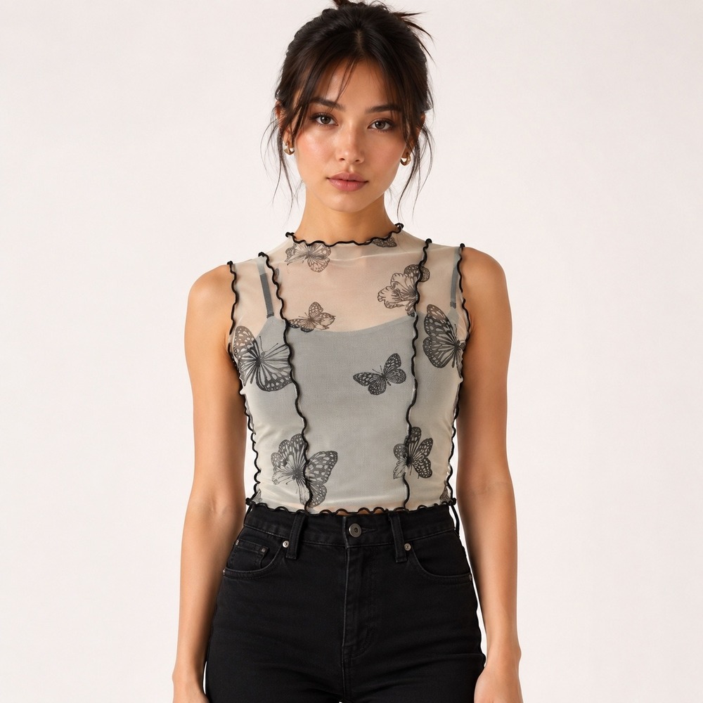 Bailey Rose Butterfly Mesh Lettuce Edge Tank Top Cream Black XS BRT0478